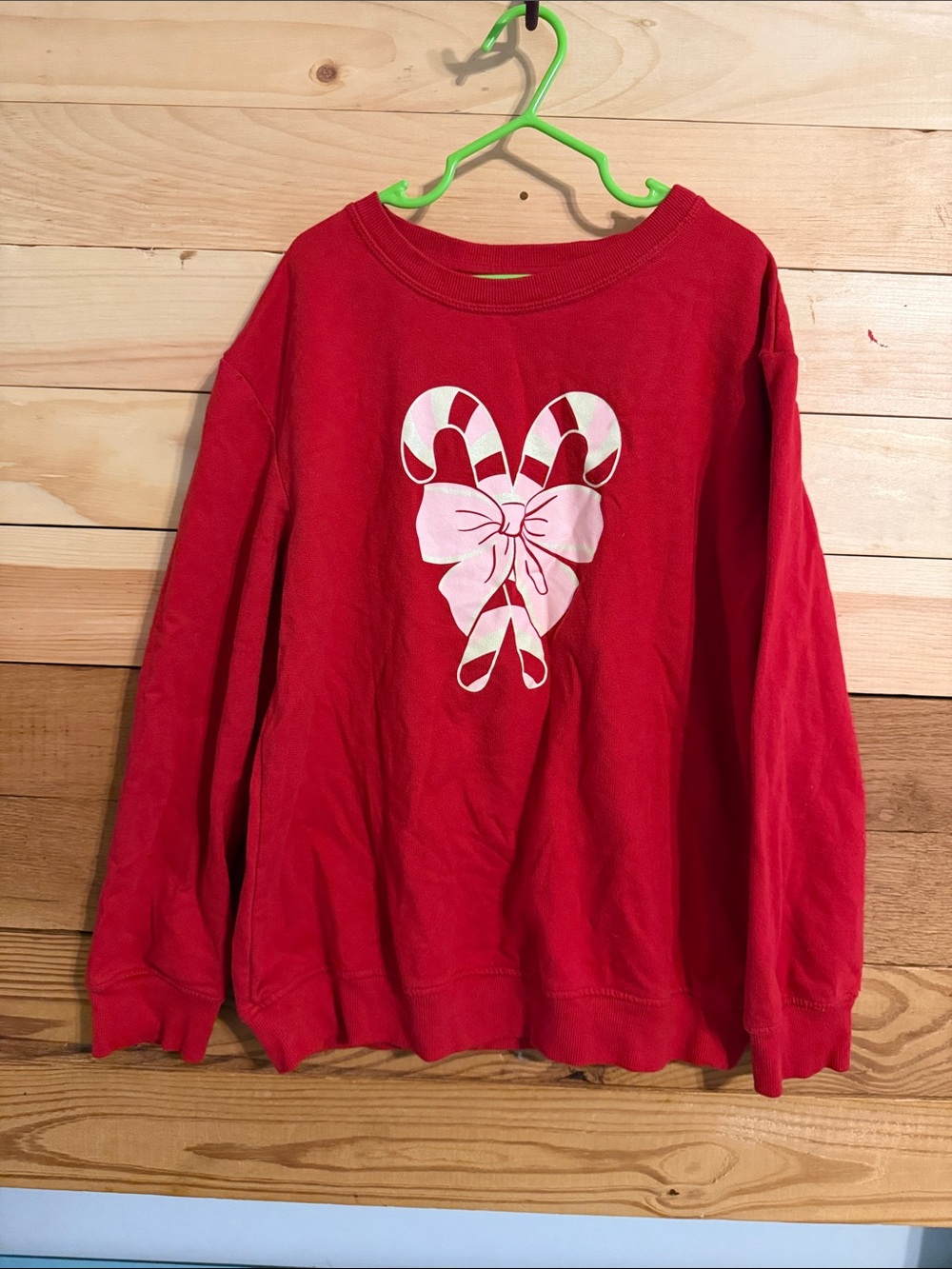 Holiday Time Red Kids Sweatshirt with Candy Cane Heart and Pink Bow